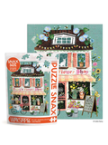 A children's jigsaw puzzle and its retail box shown on a white background. The puzzle features a whimsical illustration of a flower shop with flowers, bicycles, cats, and a turquoise sky.