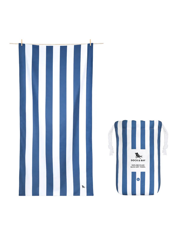 Blue and white quick drying striped towel with a smaller matching pouch