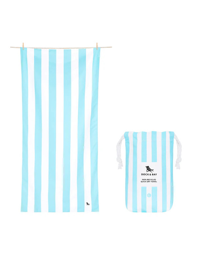 Blue and white striped towel and matching bag 