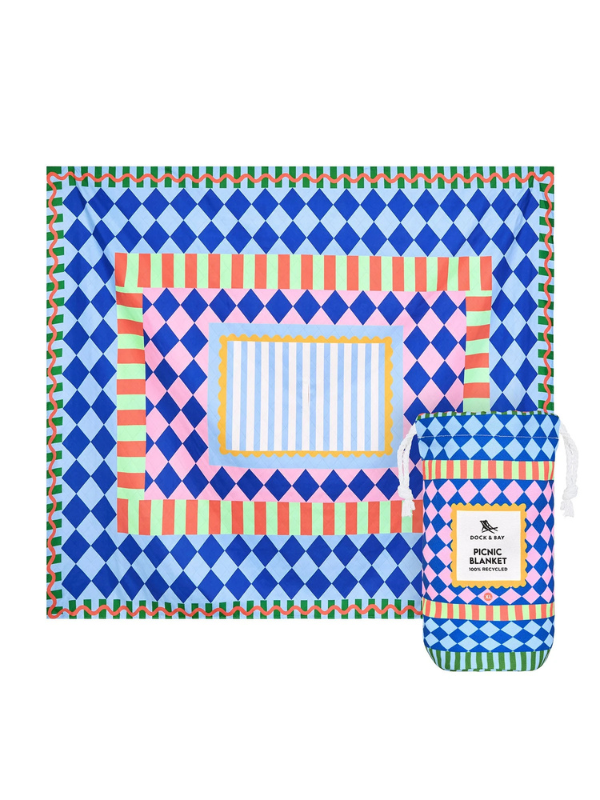 Colorful patterned picnic blanket with matching pouch