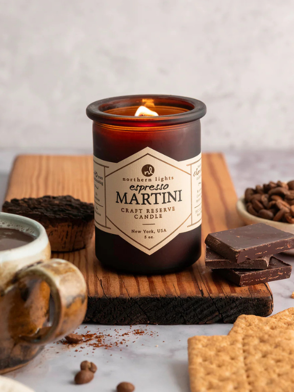 An Espresso Martini candle with a wood-wick