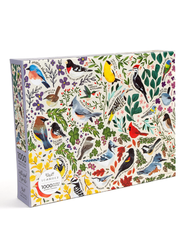 Jigsaw puzzle box with bird illustrations on a white background