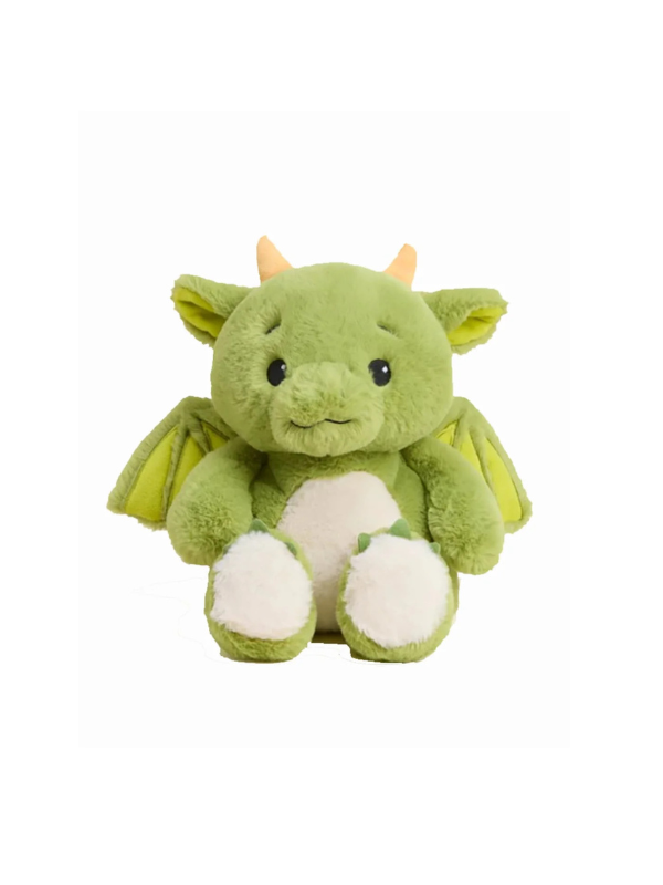 A small green plush dragon toy with yellow horns, yellow wings, and white feet
