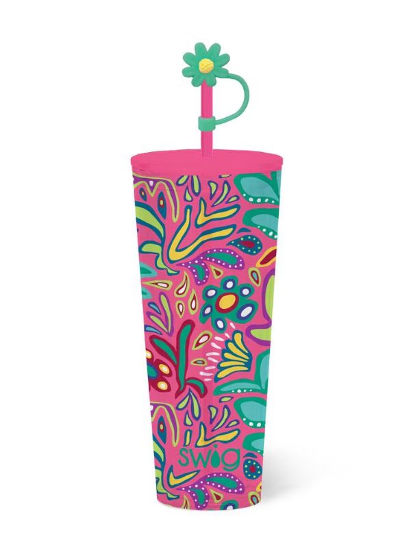 Colorful tumbler with abstract design and 'SWAG' branding on a white background