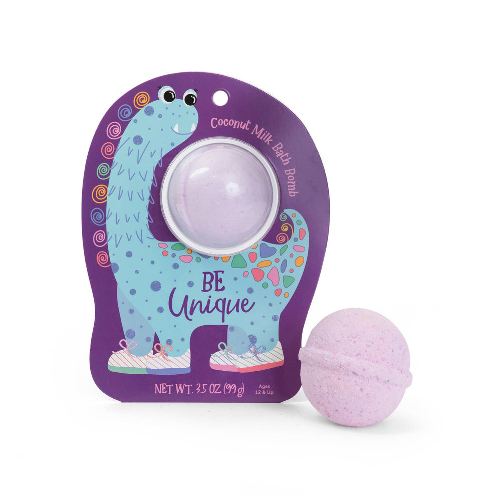 Purple dinosaur packaging with a lavender bath bomb labeled 'Be Unique'