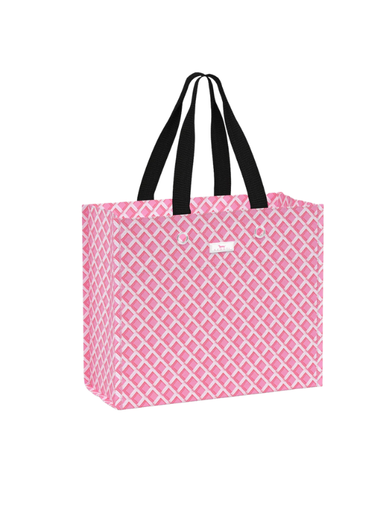 Pink and white patterned durable and reusable gift bag 