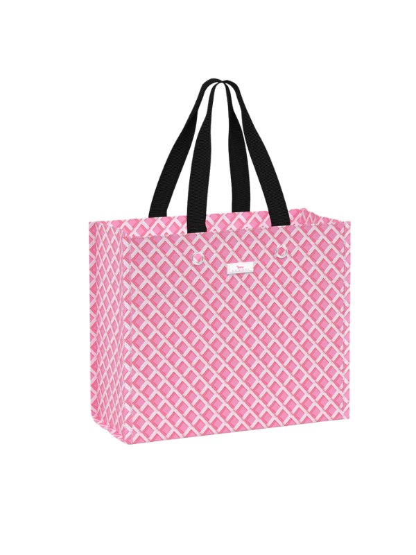 Pink and white patterned durable and reusable gift bag 