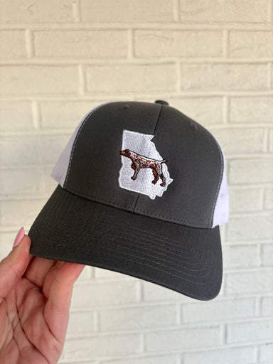 Grey and white trucker hat georgia state outline with bird dog pointer embroidered detail 