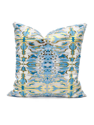 Decorative pillow with blue and gold abstract pattern 