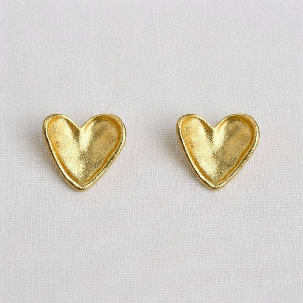Gold Textured Heart Stud Earrings Vintage Inspired Chic Details
