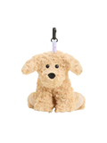 A plush dog keychain or bag clip in a light tan color, featuring curly faux fur, black embroidered eyes and nose