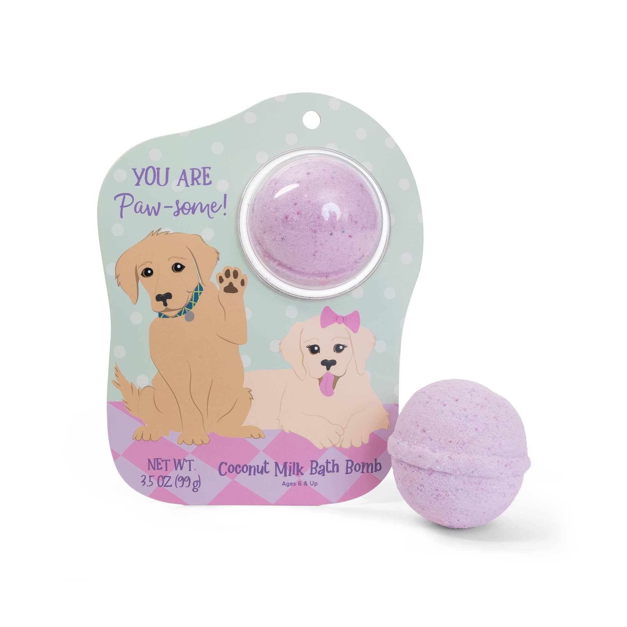 Coconut milk bath bomb with packaging featuring dogs with "You Are Paw-some"