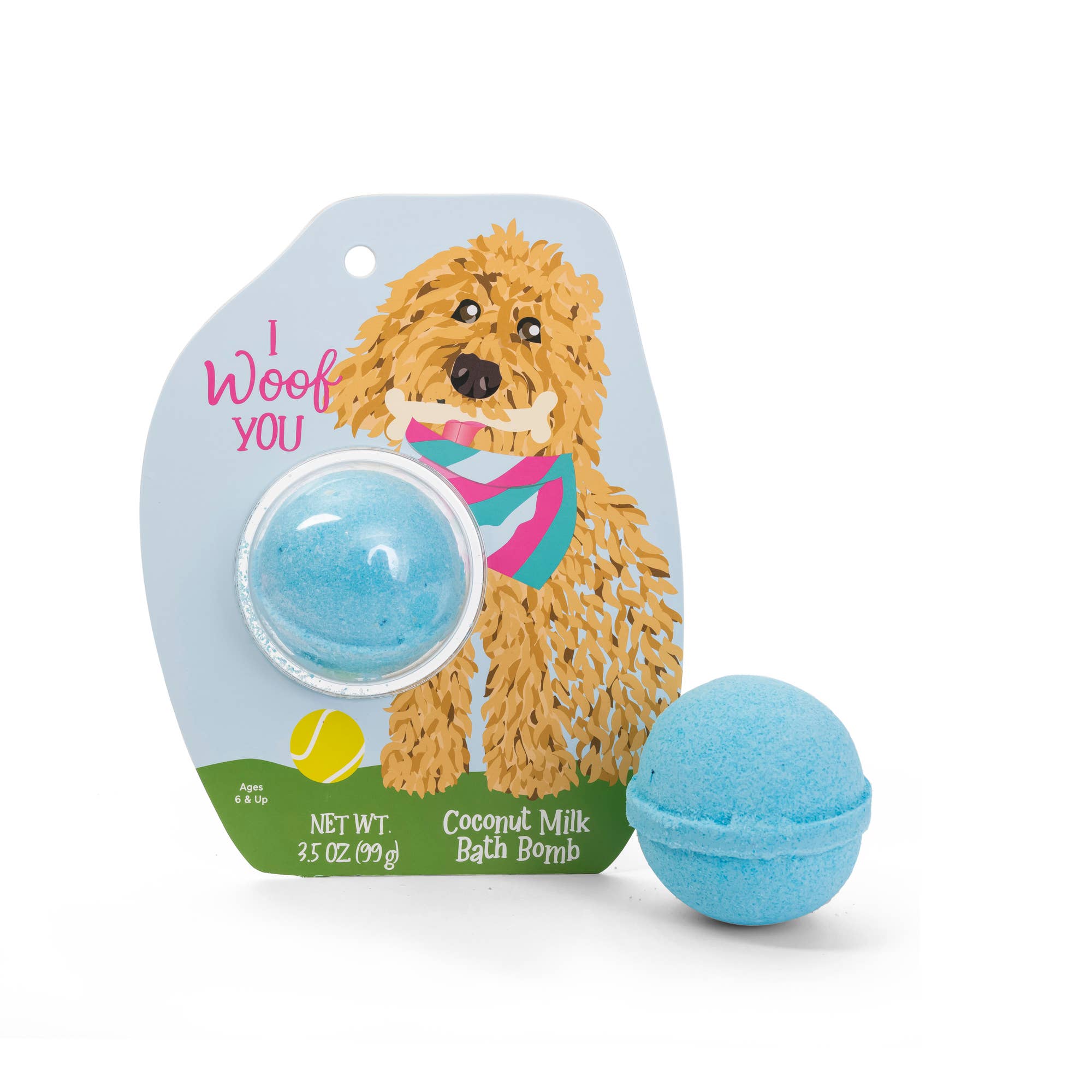 Coconut milk bath bomb with packaging featuring a dog illustration that says "I woof you"