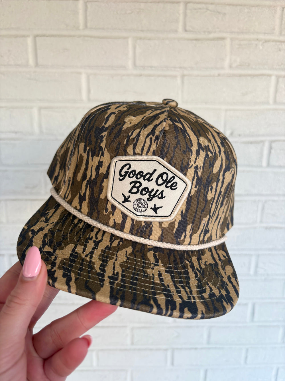 Camoflauge mossy oak cream patch rope hat good ole boys hunting 