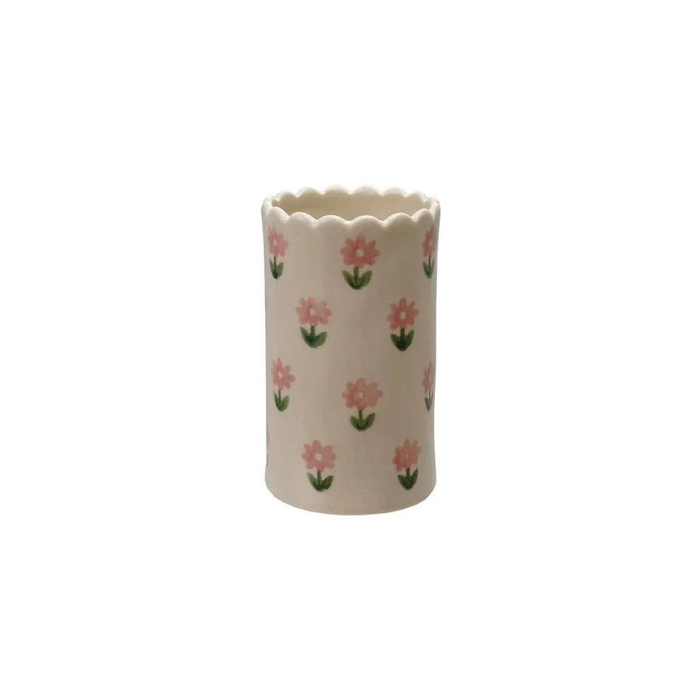 Stoneware Floral Vase with Scalloped Edge