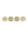 Four round decorative plates lined up horizontally, each featuring a different pastel pattern including stripes, dots, and polka dots in pink, green, and cream.
