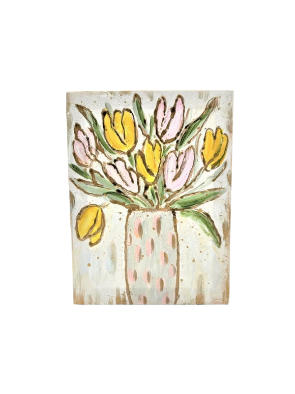 Painting of a vase with pink and yellow tulips on a canvas
