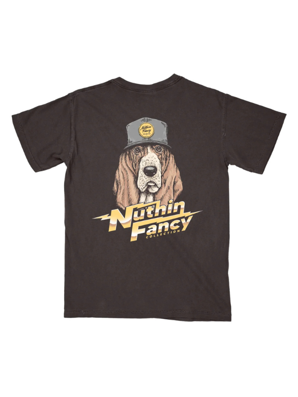 Nuthin Fancy tee with a hound wearing a baseball cap with the text 'Nuthin Fancy' in yellow and white.