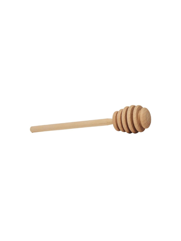A wooden honey dipper with a series of round honeycomb-shaped rings