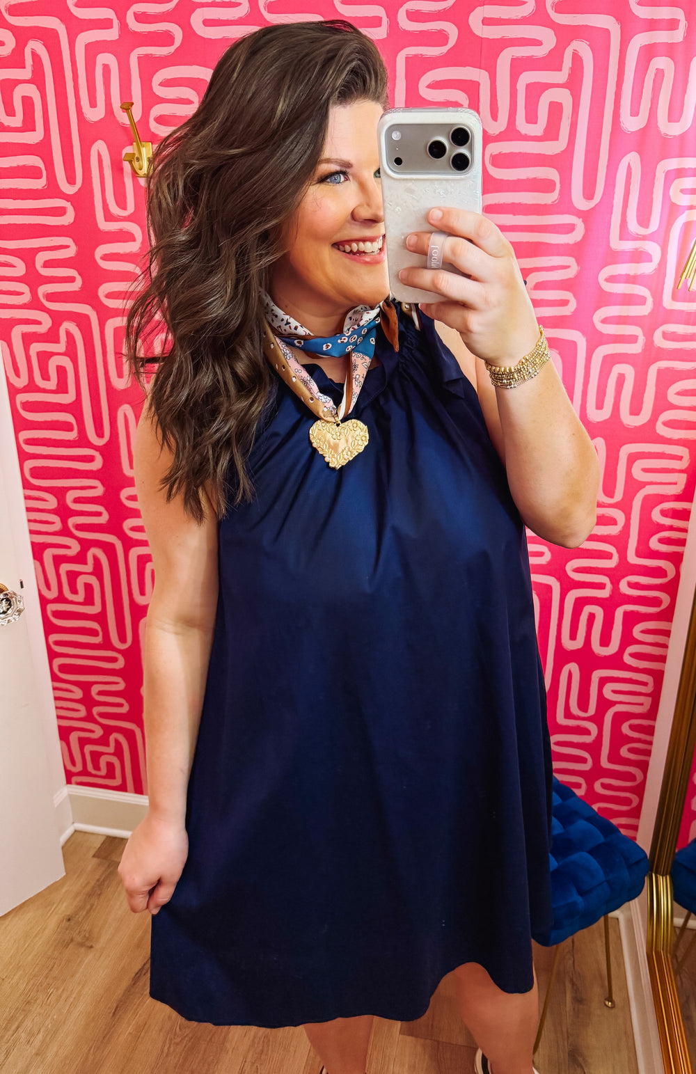The Gracie Ruffle Tie Neck Dress in Navy
