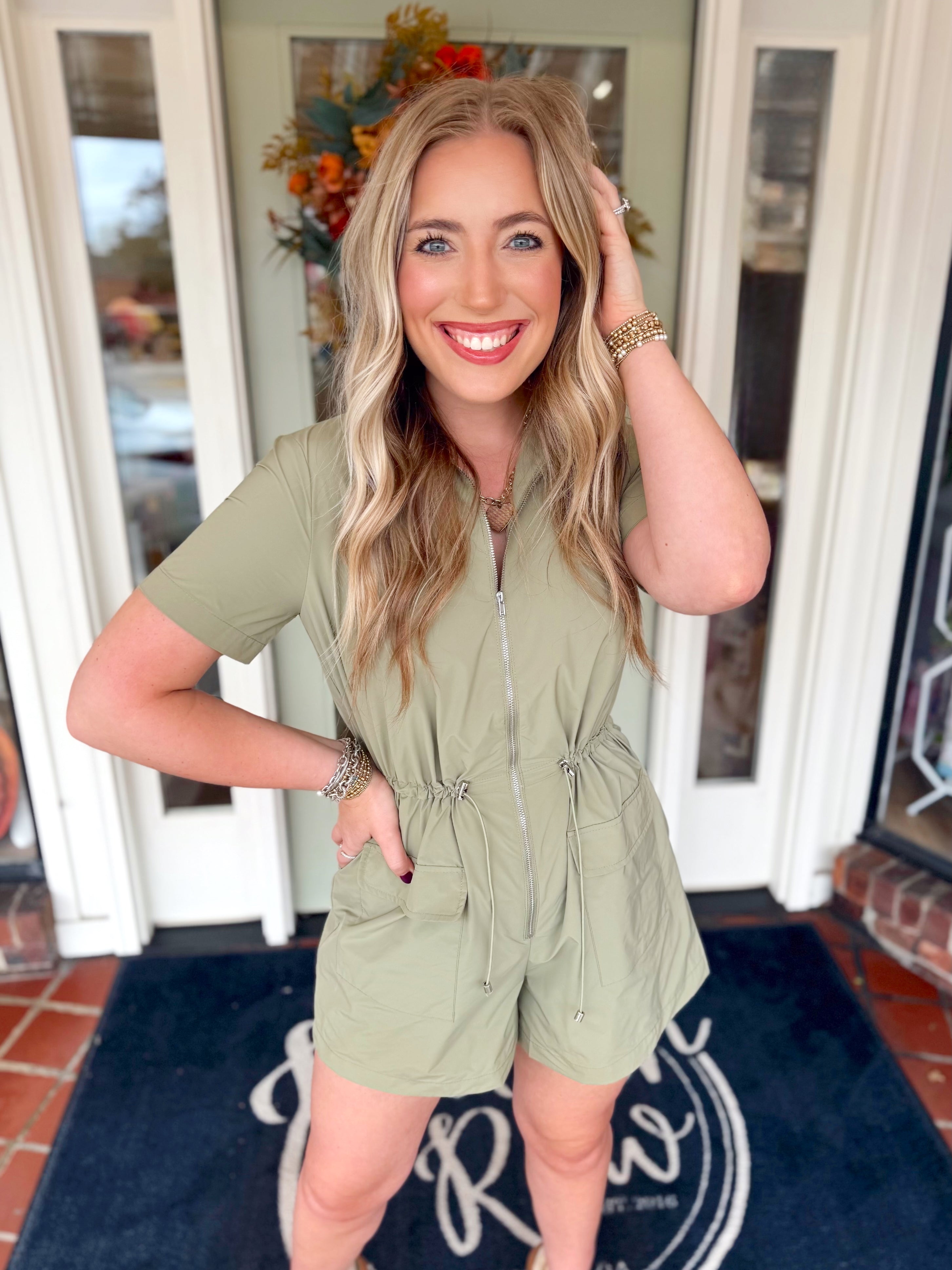 Solid Pocket Cinch Waist Romper by Karlie