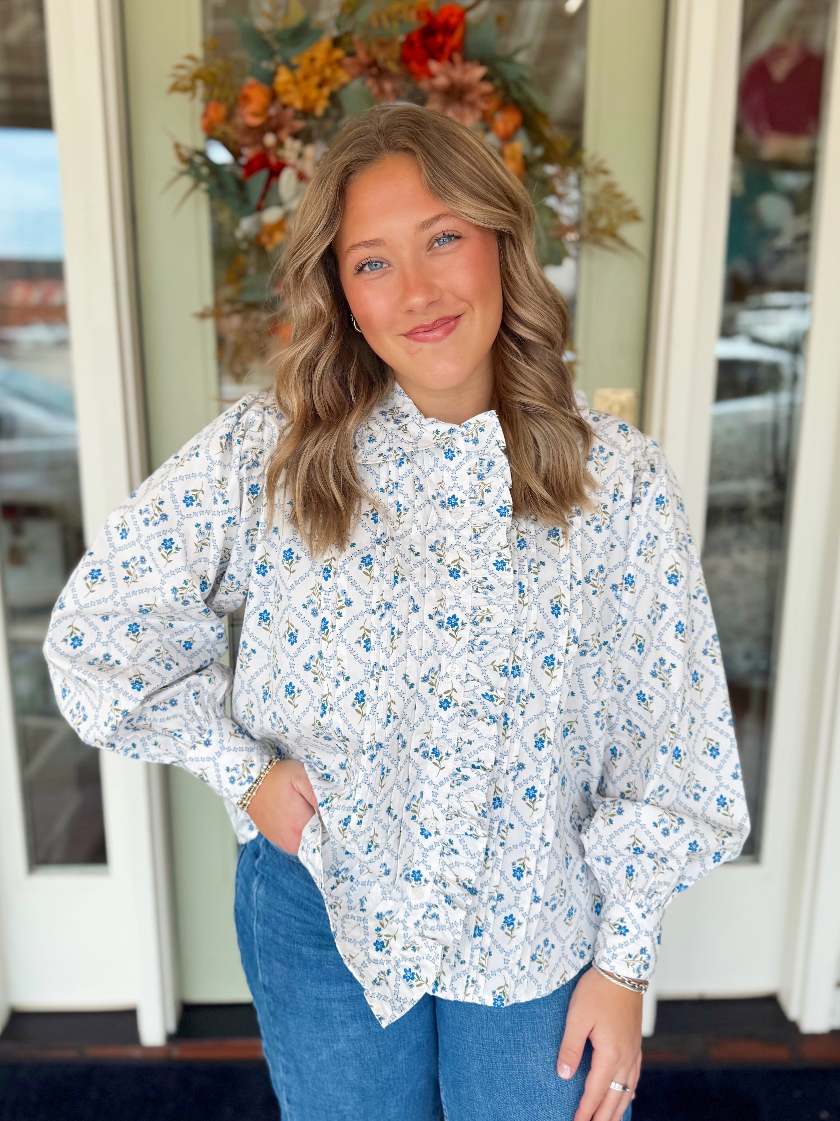 French Floral Pleat Ruffle Top By Karlie