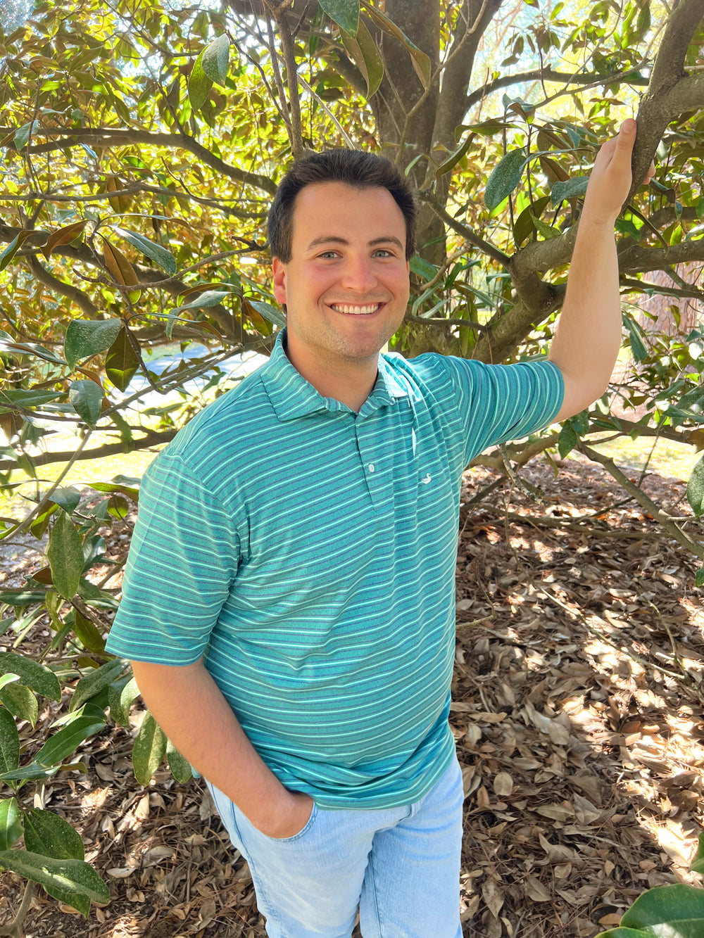 Maybourne Featherlight Stripe Polo In Teal & Mountain Purple By Southern Marsh