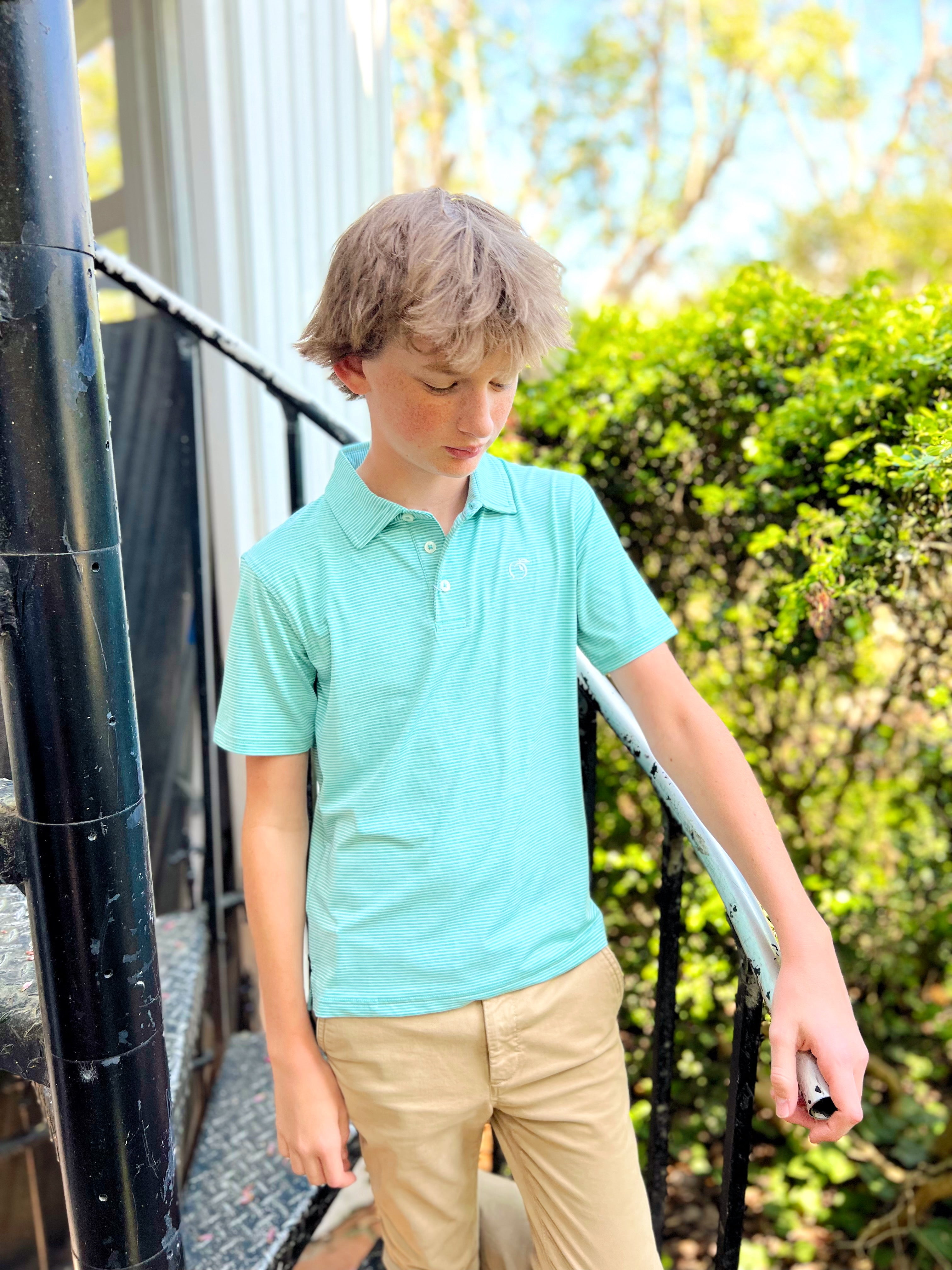 YOUTH Heathered Azalea Performance Polo in Pine Green & Cays Blue by Peach State Pride
