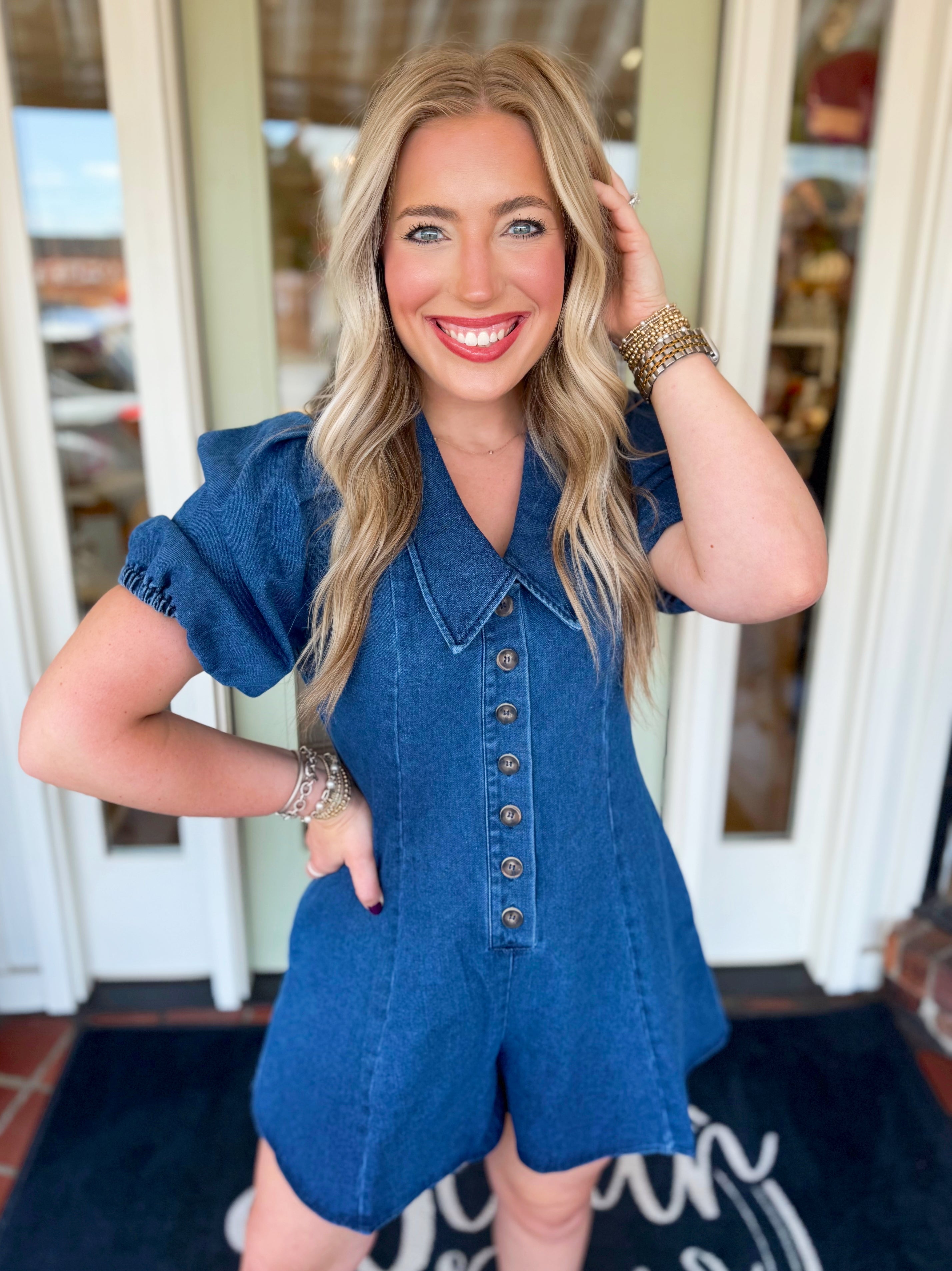 The Caroline Collared Denim Romper