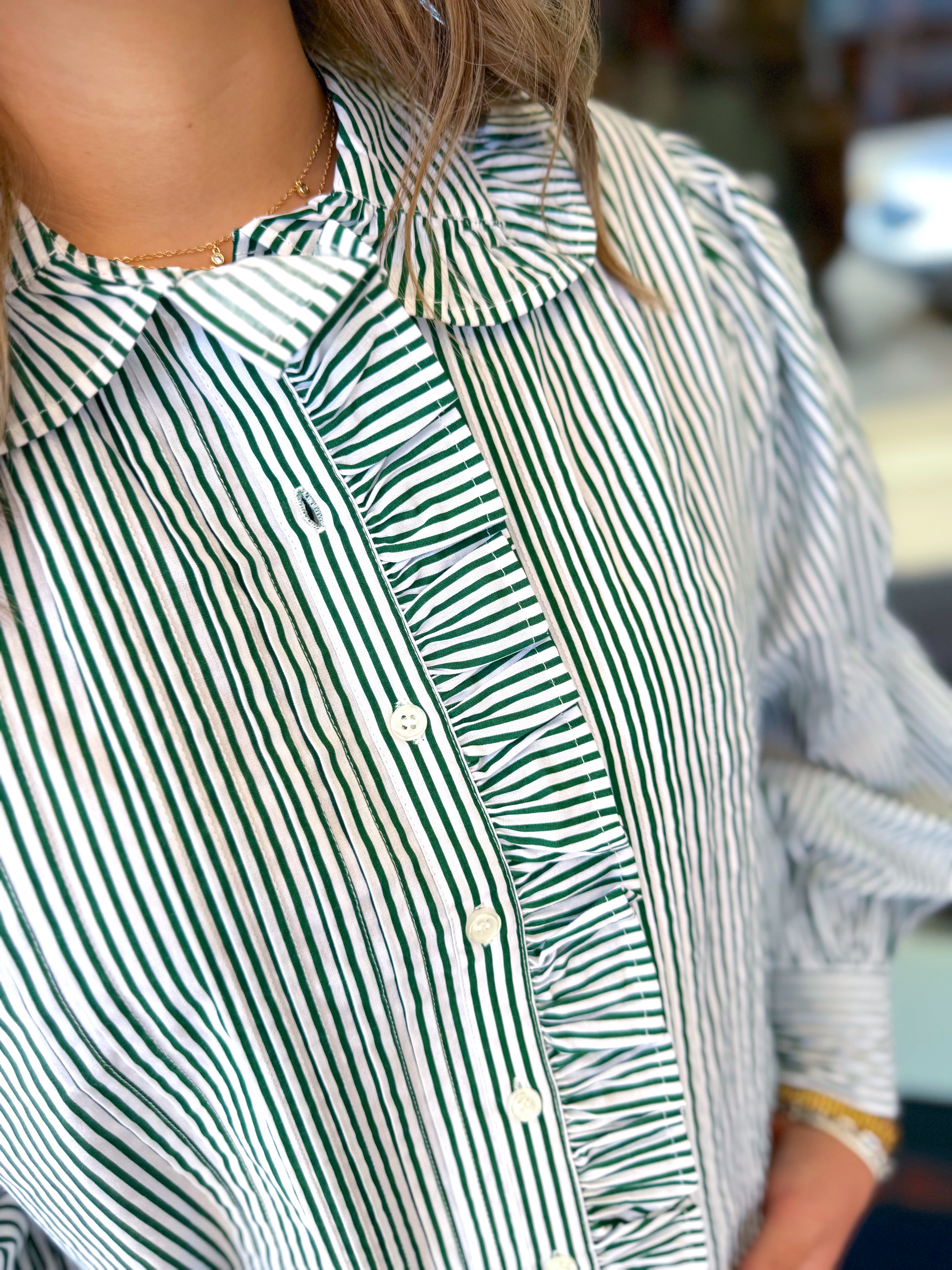Stripe Pleat Ruffle Trim Top by Karlie