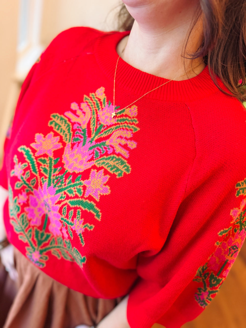 The Holly Floral Red Top (S-L)