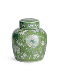 Green ceramic jar with white floral patterns