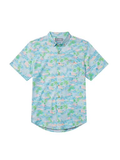 tropical print on a button down short sleeve