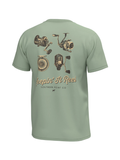 light green shirt with fishing reels on back