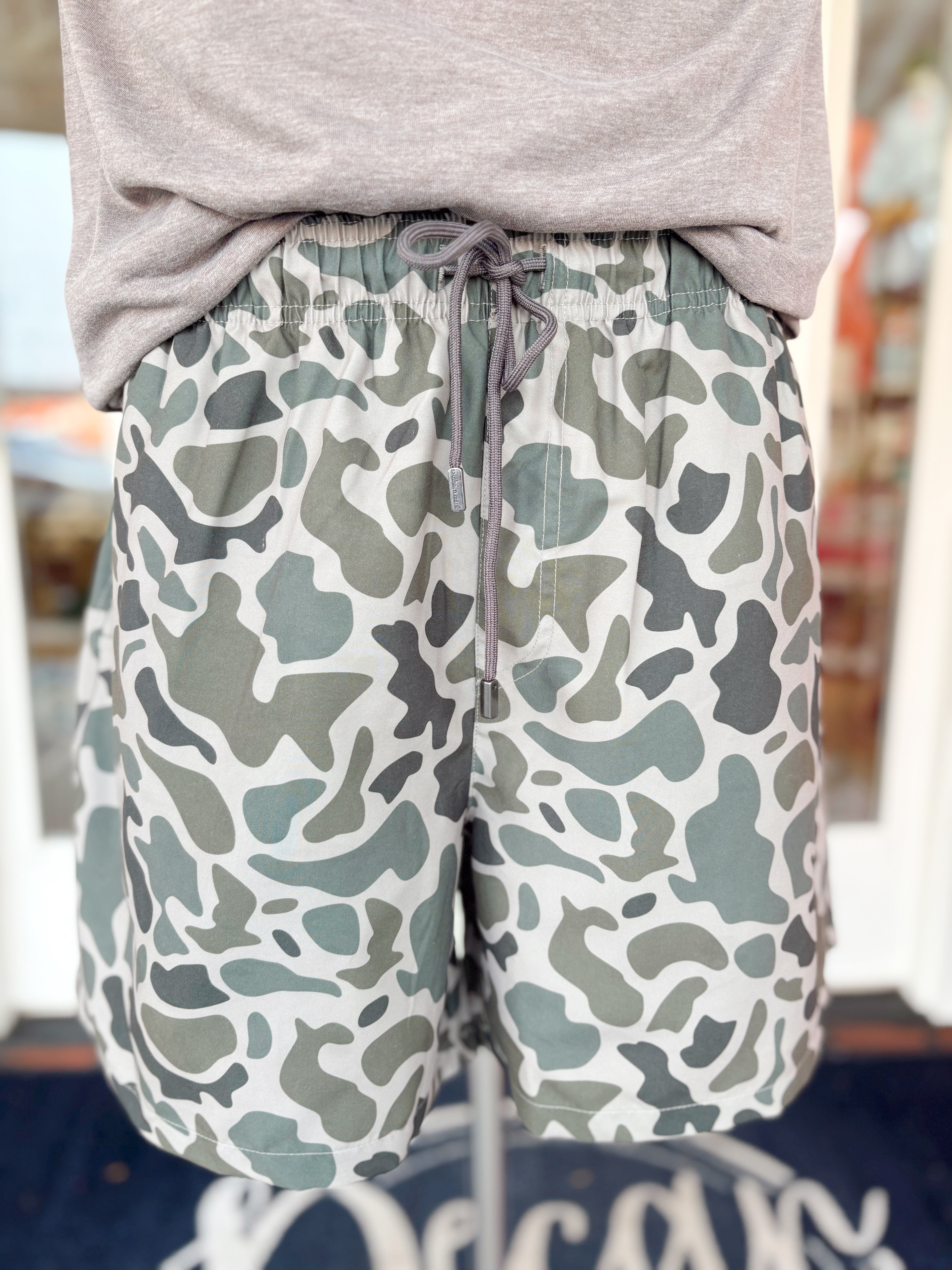 Dark olive camo la costa lined swim trunks shorts by southern marsh men’s 