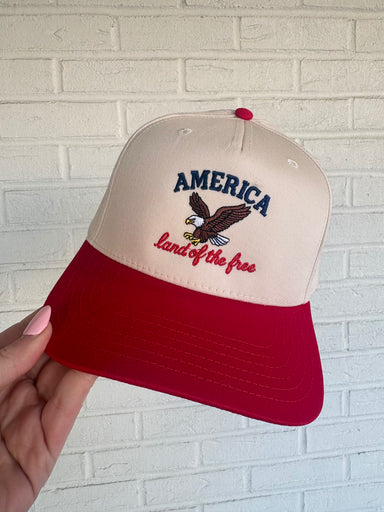 America Land of the Free trucker hat eagle embroidered detail