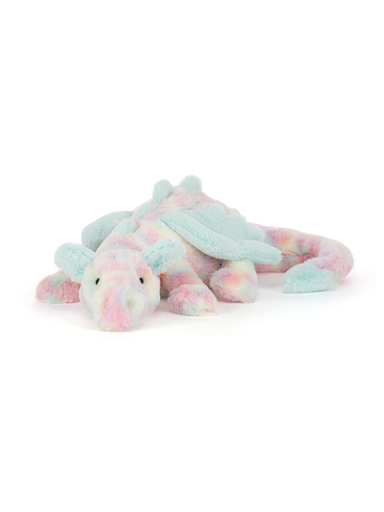Soft plush Jellycat dragon in pastel tie-dye shades of pink, mint, and yellow, with mint green wings and tail tip, lying flat on a white background.