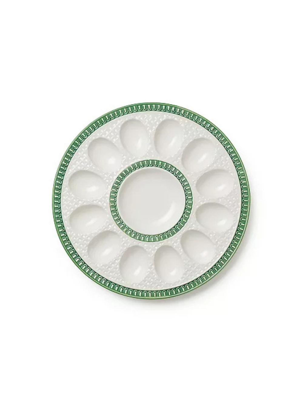 textured green and white egg platter 
