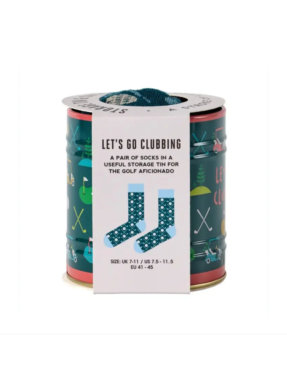 Storage tin with socks labeled 'Let's Go Clubbing' 