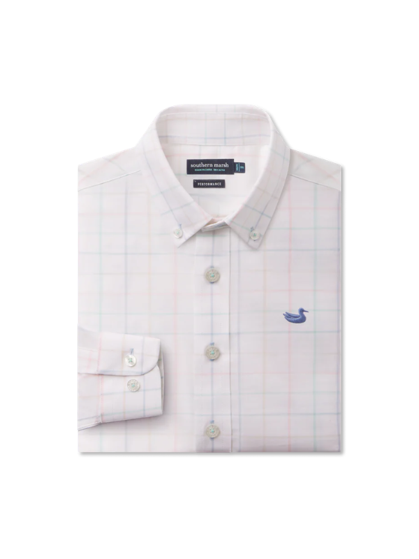 White button down with green, pink, blue lines