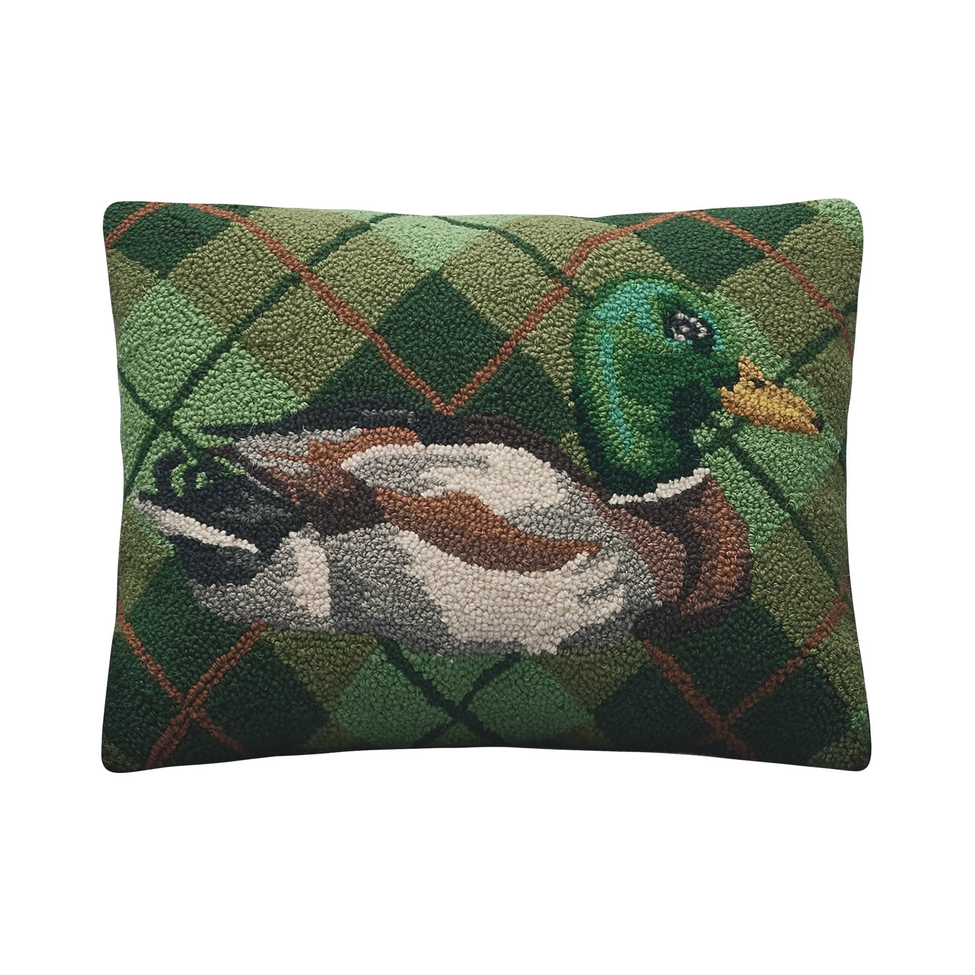 Decorative pillow with a duck design on a green plaid background