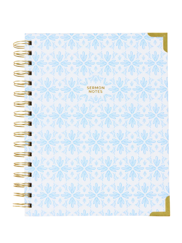 Notebook with blue floral pattern and 'Sermon Notes' text on a white background