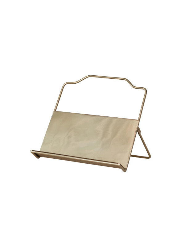 Metal Standing and Foldable Book Holder With Gold Finish cookbook