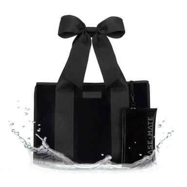 Black tote bag with a large bow and a black pouch on a white background