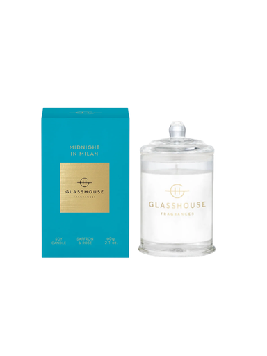 saffron and rose midnight in milan non-toxic soy wax glass candle by glasshouse fragrances