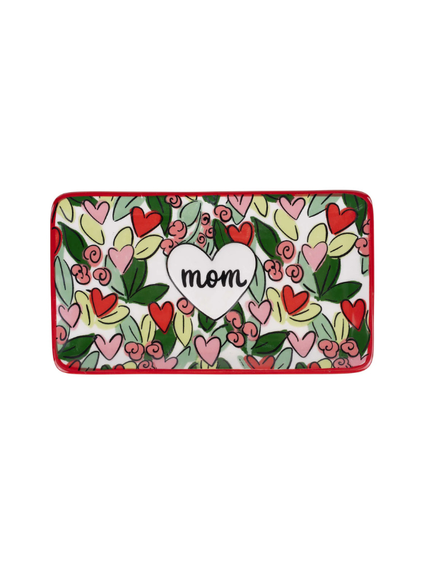 Rectangular trinket tray with floral pattern and 'mom' text on a white heart background