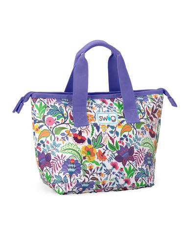 Colorful floral-patterned tote bag with purple handles on a white background