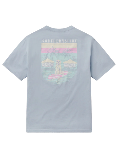 dog on a surf board on a blue shirt