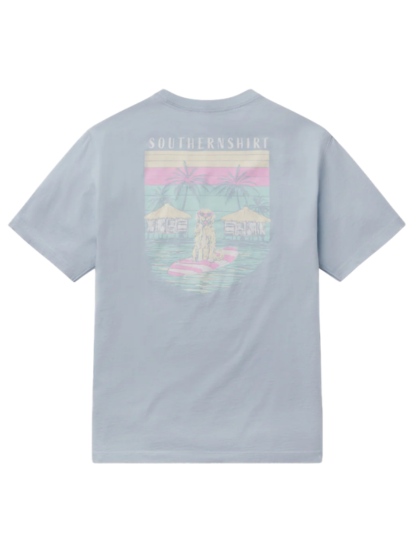 dog on a surf board on a blue shirt
