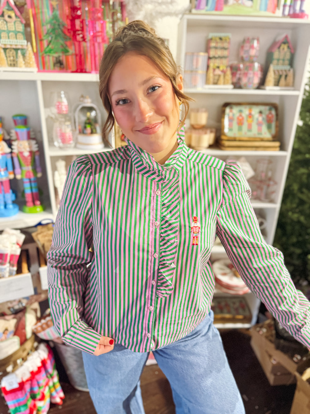 green and pink striped ruffle nutcracker top 